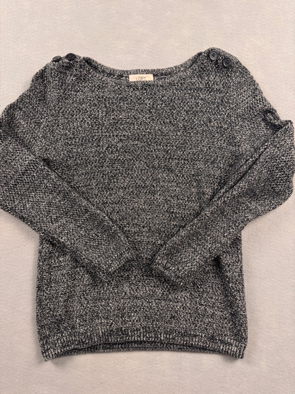 LOFT Marled Knit Pullover Sweater Button Shoulder Black White Boat Neck Medium
